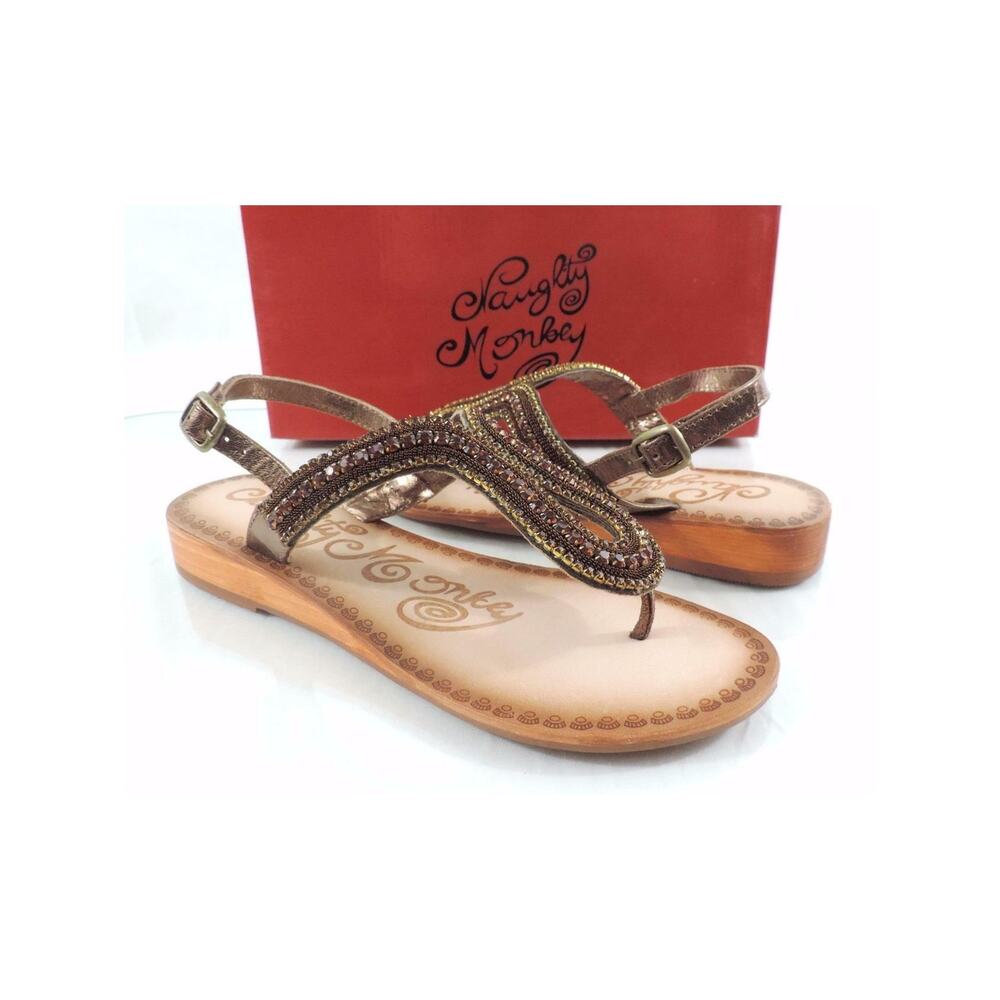 Naughty Monkey Alloy Mate Low Wedge Embellished Thong Sandals Bronze Size 8.5